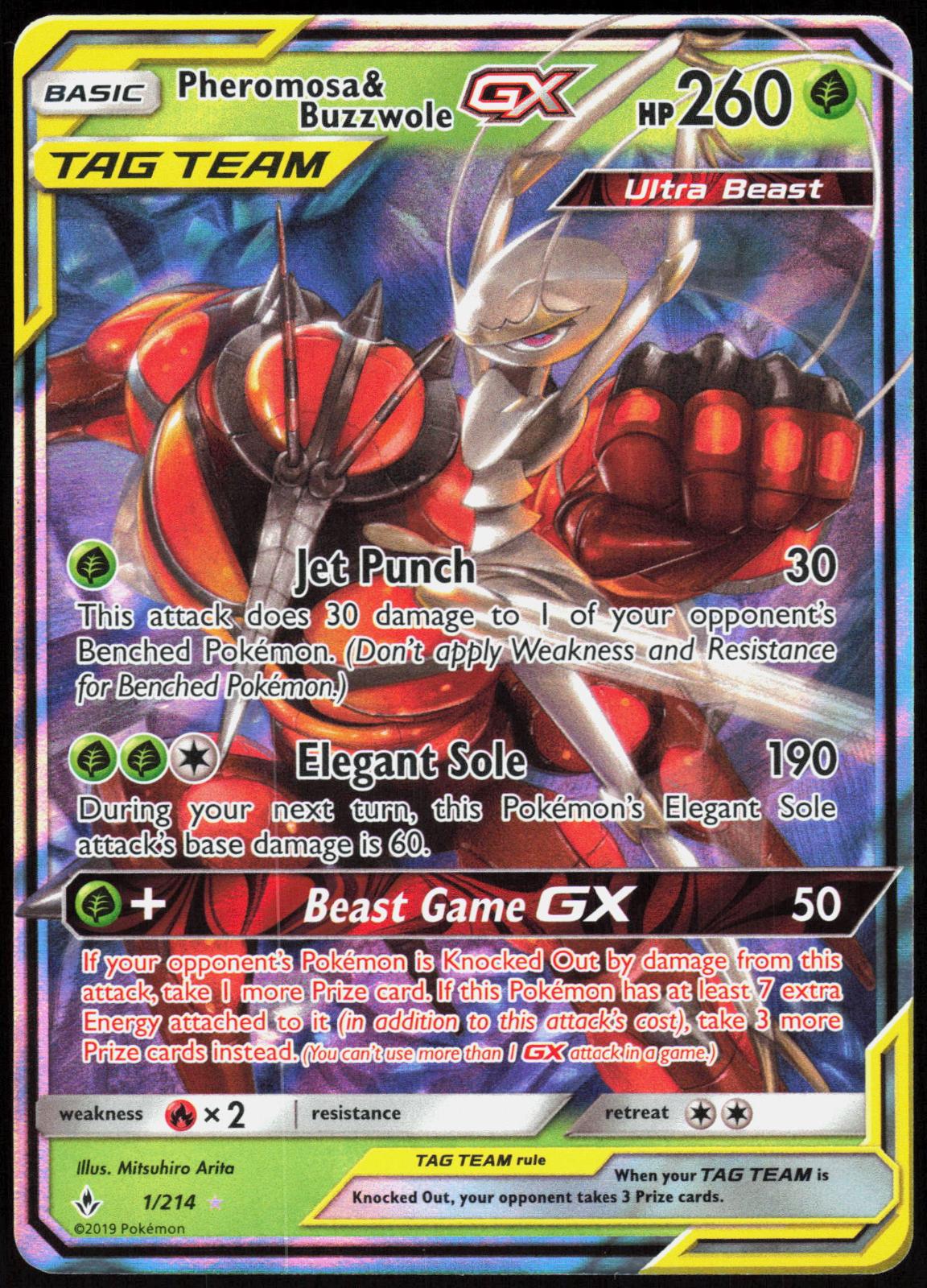 Pheromosa & Buzzwole GX 1/214 Holo GX Rare Unbroken Bonds Pokemon Near Mint