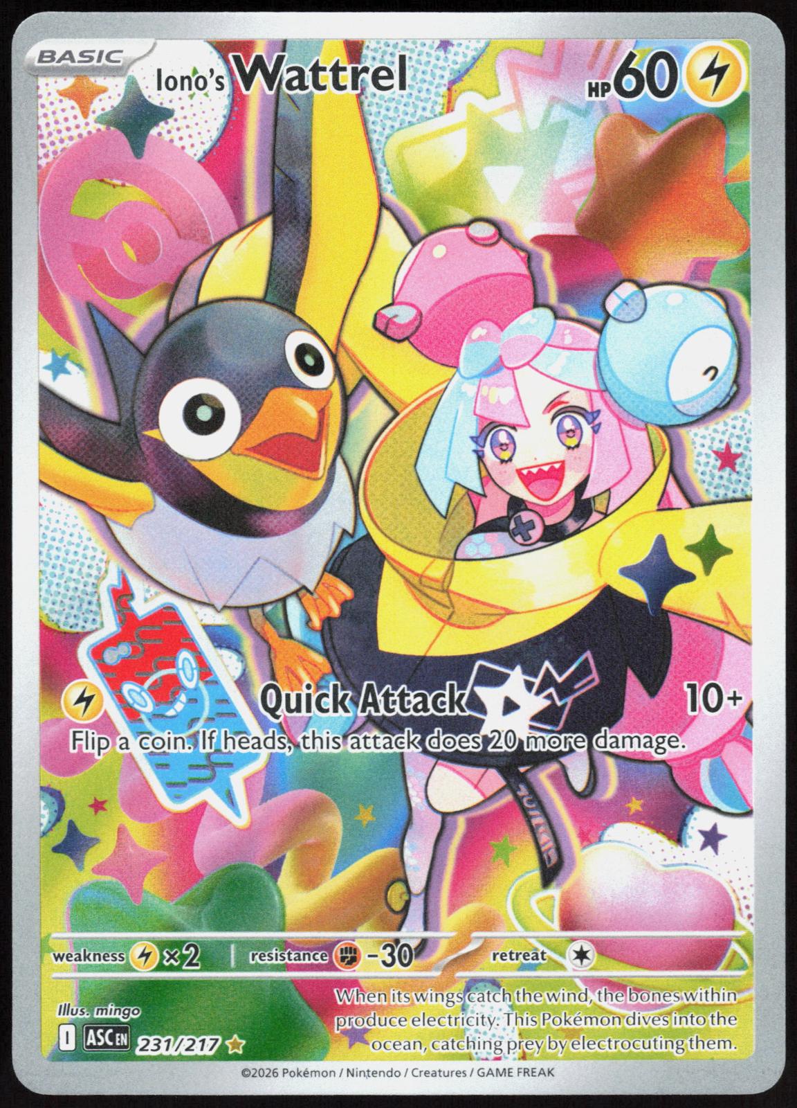 Iono's Wattrel 231/217 Illustration Rare Ascended Heroes Pokemon Holo Near Mint